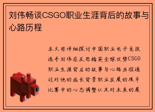 刘伟畅谈CSGO职业生涯背后的故事与心路历程